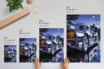 Art print sports car with glowing headlights in the city at night