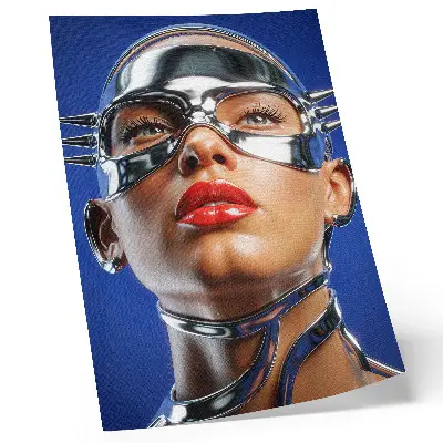 Decorative poster with a futuristic figure in intense colors