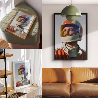 Poster a figure in a space helmet with a futuristic atmosphere