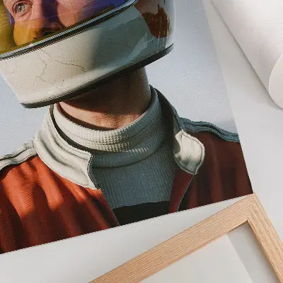 Poster a figure in a space helmet with a futuristic atmosphere