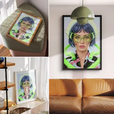 Art print a futuristic portrait of a woman with vibrant energy