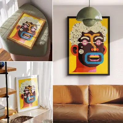 Premium wall art colorful portrait with abstract shapes and intense colors