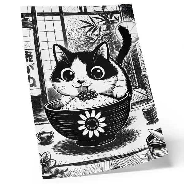 Poster cat in a bowl of rice in comic and eastern style