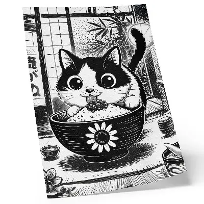 Poster cat in a bowl of rice in comic and eastern style