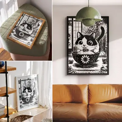 Poster cat in a bowl of rice in comic and eastern style