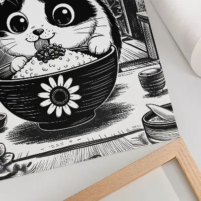 Poster cat in a bowl of rice in comic and eastern style