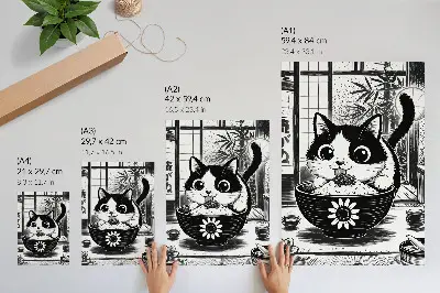Poster cat in a bowl of rice in comic and eastern style