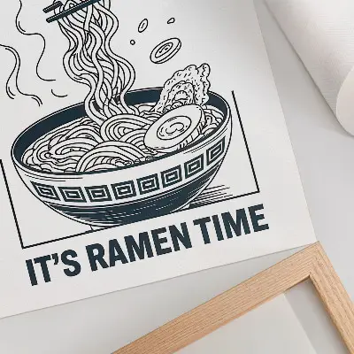 Art print featuring a comic book style ramen bowl with chopsticks and soak up the flavor text