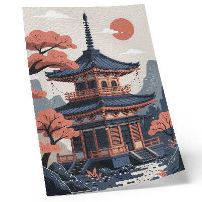 Premium wall art Japanese temple in pastel colors, trees, mountains, peace