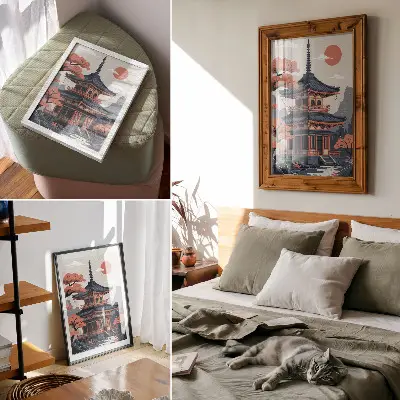 Premium wall art featuring a Japanese temple with trees and mountains in pastel colors