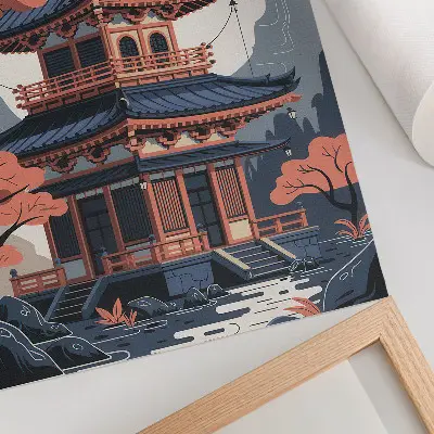 Premium wall art featuring a Japanese temple with trees and mountains in pastel colors