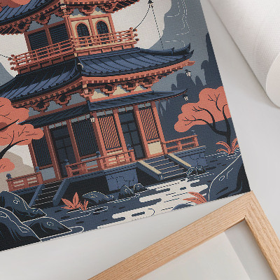 Premium wall art Japanese temple in pastel colors, trees, mountains, peace