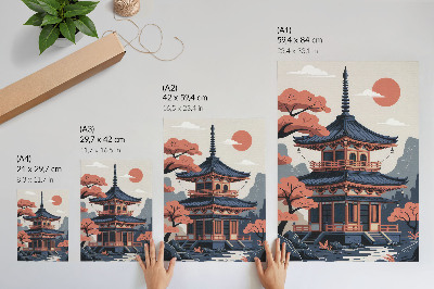 Premium wall art Japanese temple in pastel colors, trees, mountains, peace