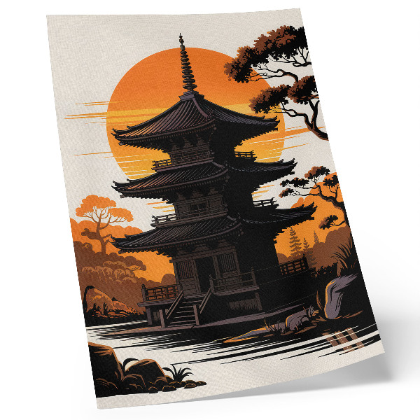 Decorative poster Oriental building sun trees water