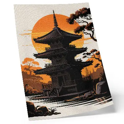 Decorative poster featuring an oriental building with sun, trees, and water