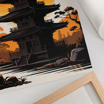 Decorative poster featuring an oriental building with sun, trees, and water