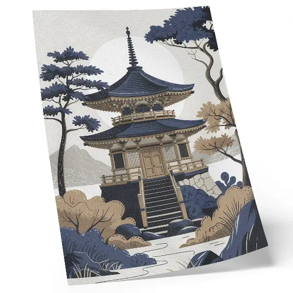 Art print featuring a pagoda, tree, mountain, and themes of peace and harmony