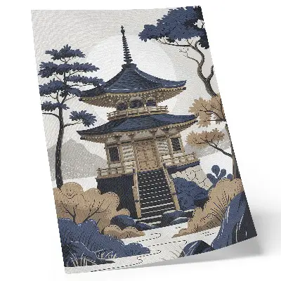 Art print featuring a pagoda, tree, mountain, and themes of peace and harmony