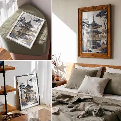 Art print featuring a pagoda, tree, mountain, and themes of peace and harmony