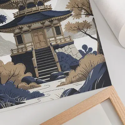 Art print featuring a pagoda, tree, mountain, and themes of peace and harmony