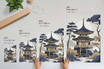 Art print featuring a pagoda, tree, mountain, and themes of peace and harmony