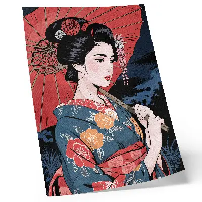 Japanese style woman with umbrella wall art colorful night print
