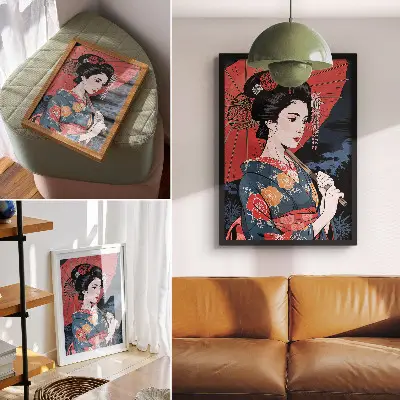 Japanese style woman with umbrella wall art colorful night print