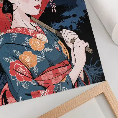 Japanese style woman with umbrella wall art colorful night print