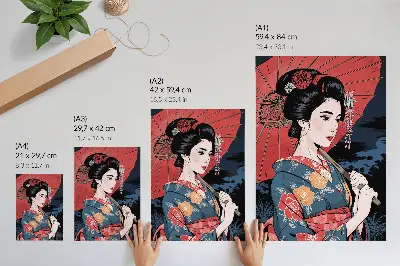 Japanese style woman with umbrella wall art colorful night print
