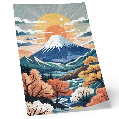 Decorative poster snow-capped mountains with a colorful forest at sunset
