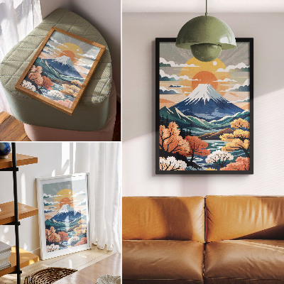Decorative poster Snow-capped mountains, colorful forest, sunset