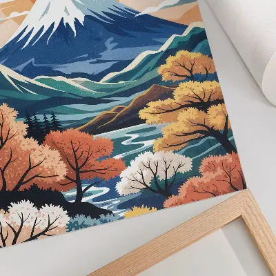 Decorative poster snow-capped mountains with a colorful forest at sunset