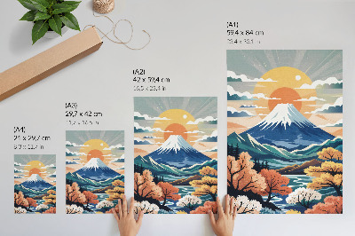 Decorative poster Snow-capped mountains, colorful forest, sunset