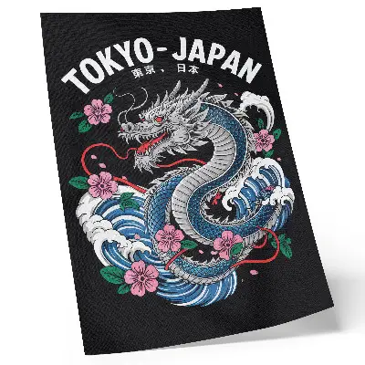 Poster a dynamic composition featuring a dragon among flowers and waves