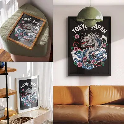 Poster a dynamic composition featuring a dragon among flowers and waves