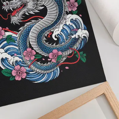 Poster a dynamic composition featuring a dragon among flowers and waves