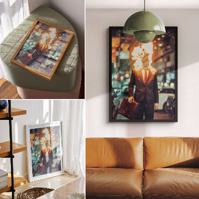 Art print Elegant man with head on fire in the city