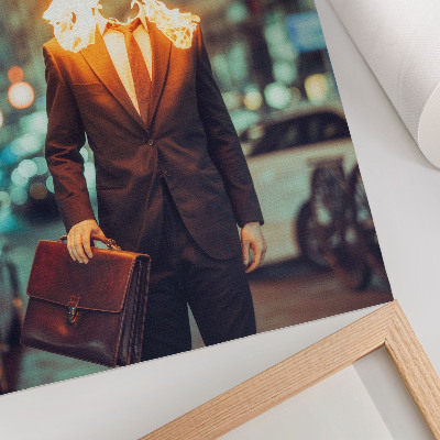 Art print Elegant man with head on fire in the city