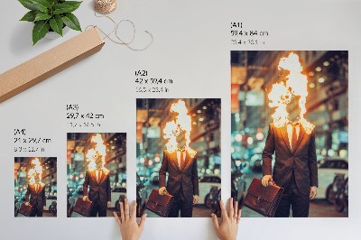 Art print Elegant man with head on fire in the city