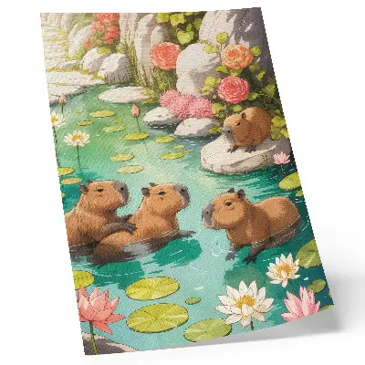 Decorative poster capybaras in a pond with harmonious flowers