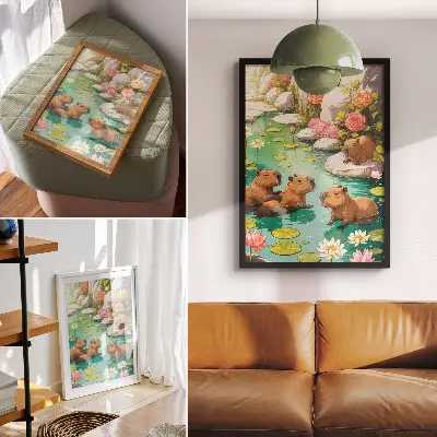 Decorative poster capybaras in a pond with harmonious flowers