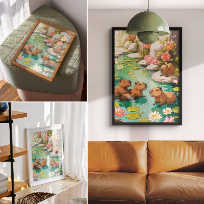 Decorative poster Capybaras in the pond flowers harmony of nature