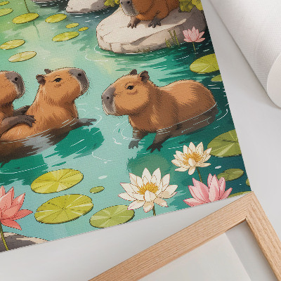 Decorative poster Capybaras in the pond flowers harmony of nature