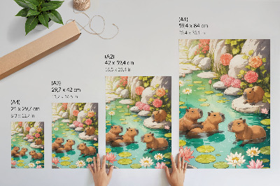 Decorative poster Capybaras in the pond flowers harmony of nature