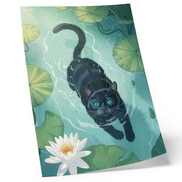 Cat and water lily poster delicate water lily leaves