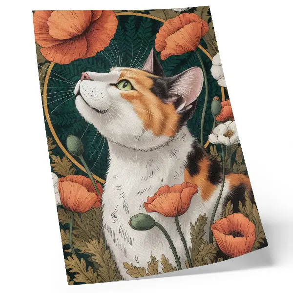 Cat among the poppies poster illustrated nature scene