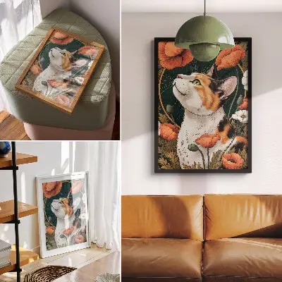 Cat among the poppies poster illustrated nature scene