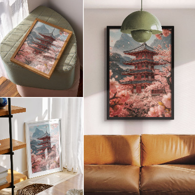 Premium wall art Cherry Tree Pagoda Mountains Romantic Atmosphere