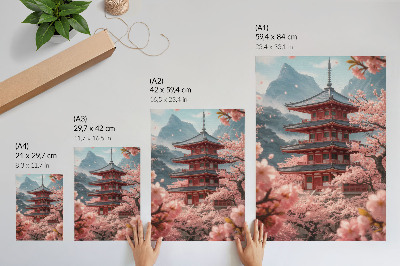 Premium wall art Cherry Tree Pagoda Mountains Romantic Atmosphere