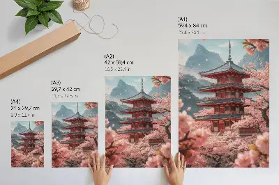 Cherry Tree Pagoda mountain landscape wall art romantic atmosphere premium canvas print